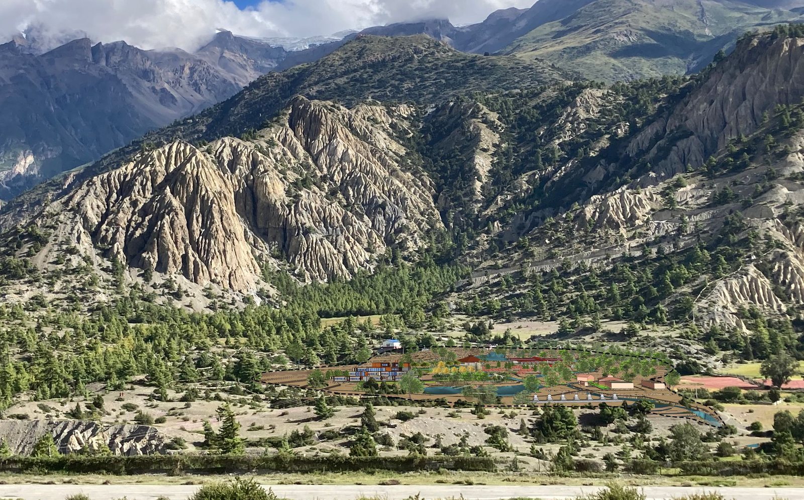 瑪南山谷全景：侵蝕崖壁下的村落與林地