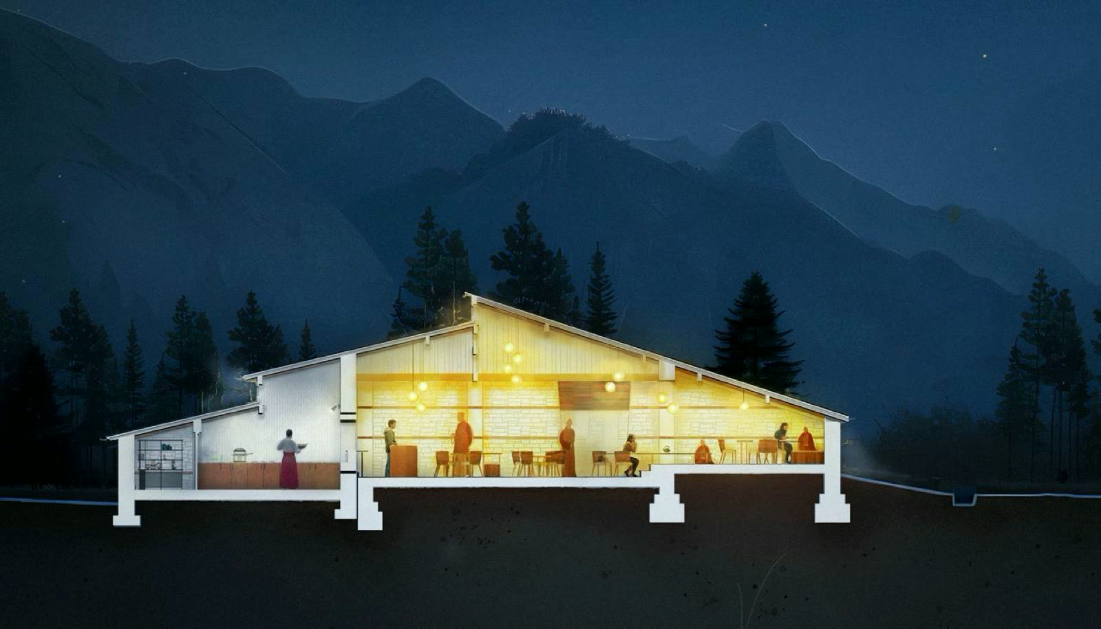 Grand Café 夜景渲染圖：深藍山谷中一棟亮著燈的長屋